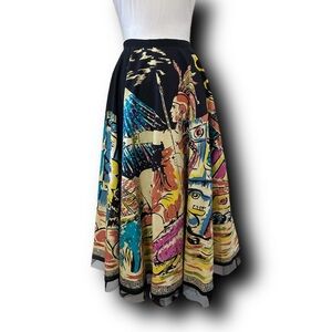 Vintage Funky People Aztec Mayan Ruins Volcano Print Midi Skirt